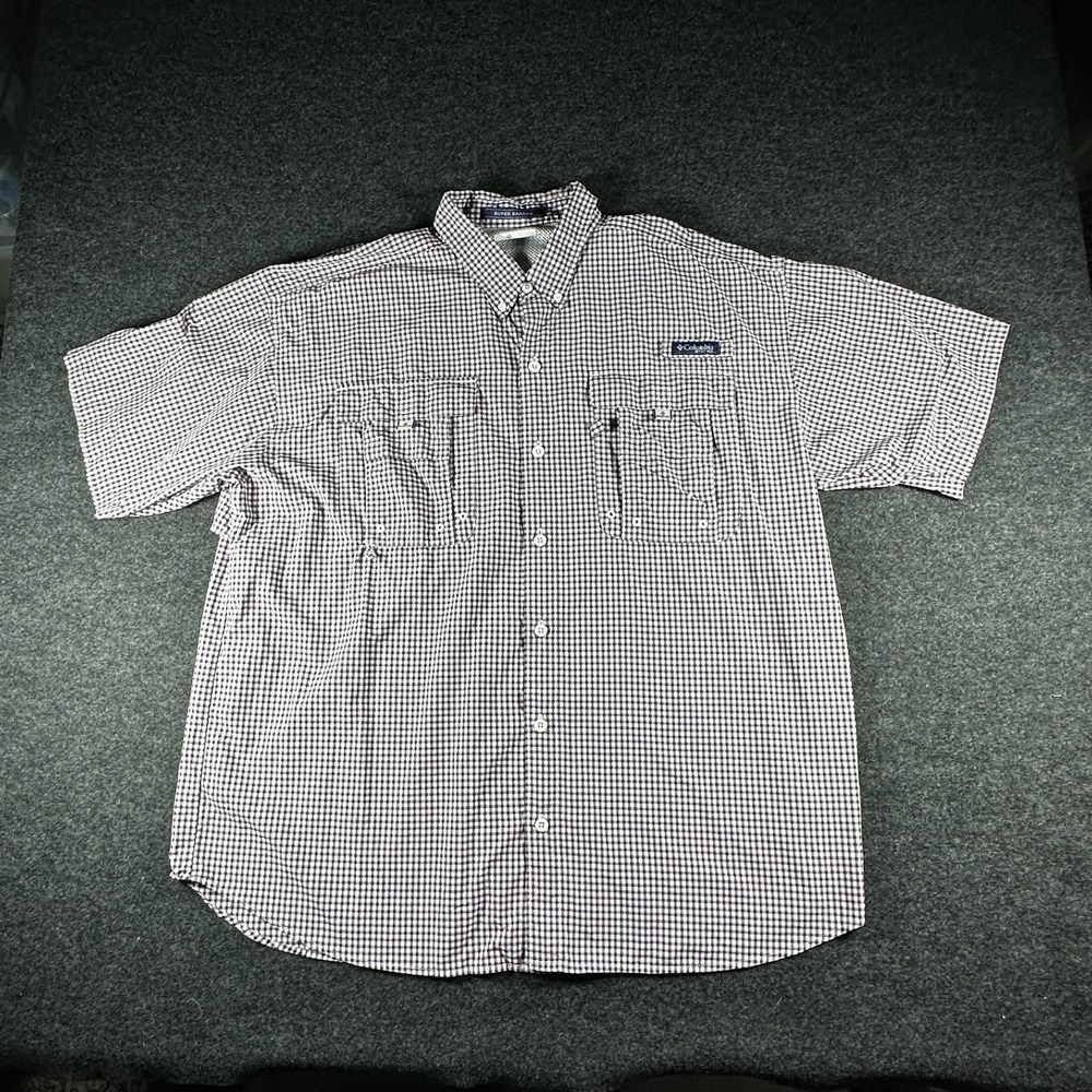 Columbia PFG Super Bahama Shirt Mens XL Red Black Check Short Sleeve Fishing